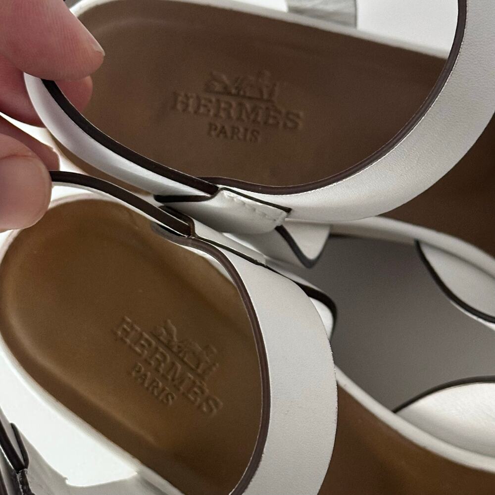 HERMÈS Opaline Leather Slingback Sandals - White, Brown - Picture 7 of 11